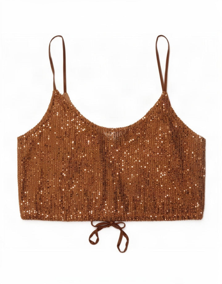 Zara Womens Sequin Crop Top UK 14 Large Brown Polyester