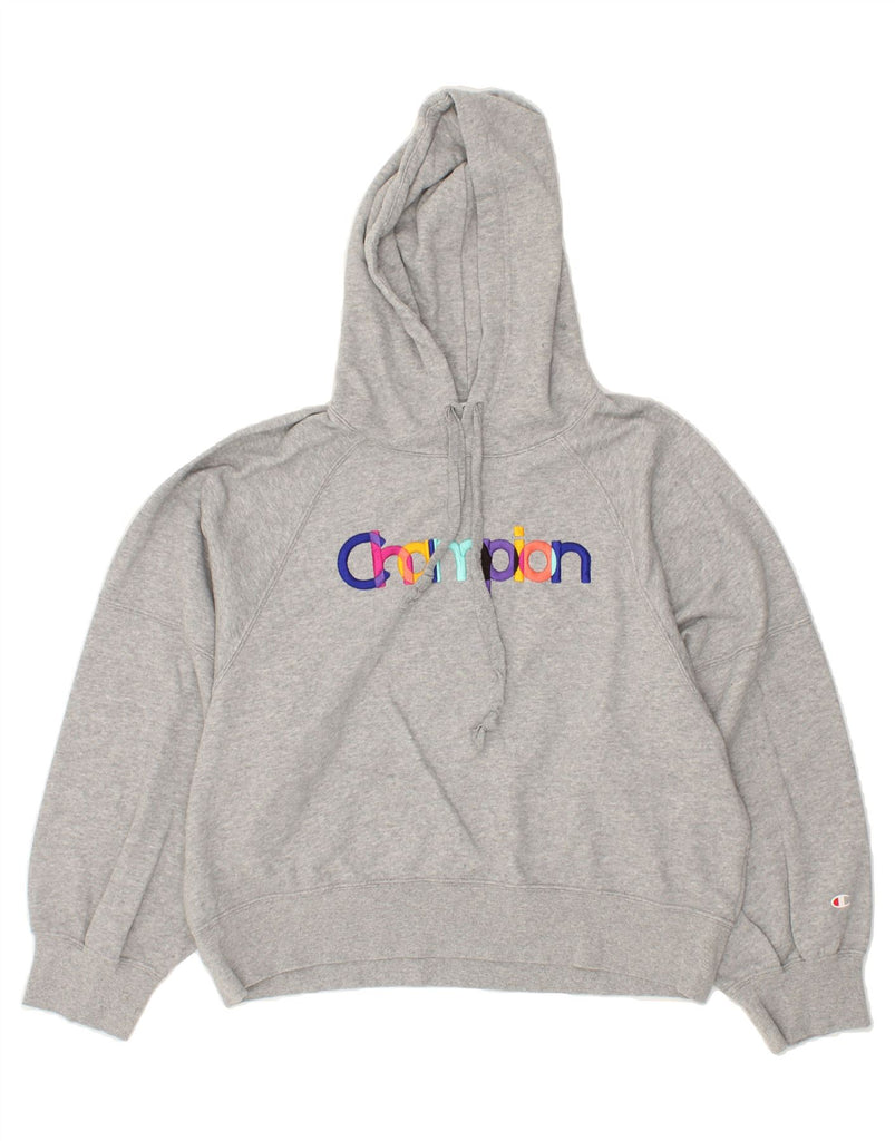 CHAMPION Womens Oversized Crop Graphic Hoodie Jumper UK 14 Medium Grey | Vintage Champion | Thrift | Second-Hand Champion | Used Clothing | Messina Hembry 