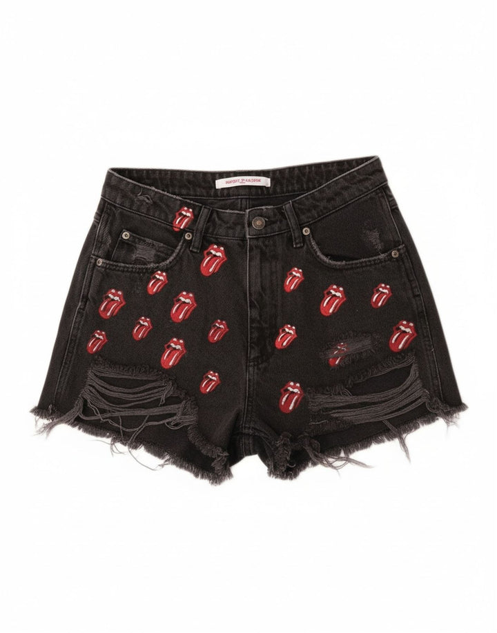 Zara Womens Graphic Distressed Denim Shorts EU 40 Medium W30 Black