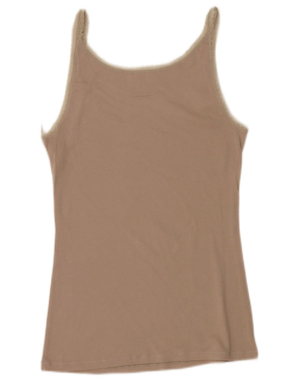 BENETTON Womens Cami Top UK 14 Large Beige Floral Cotton