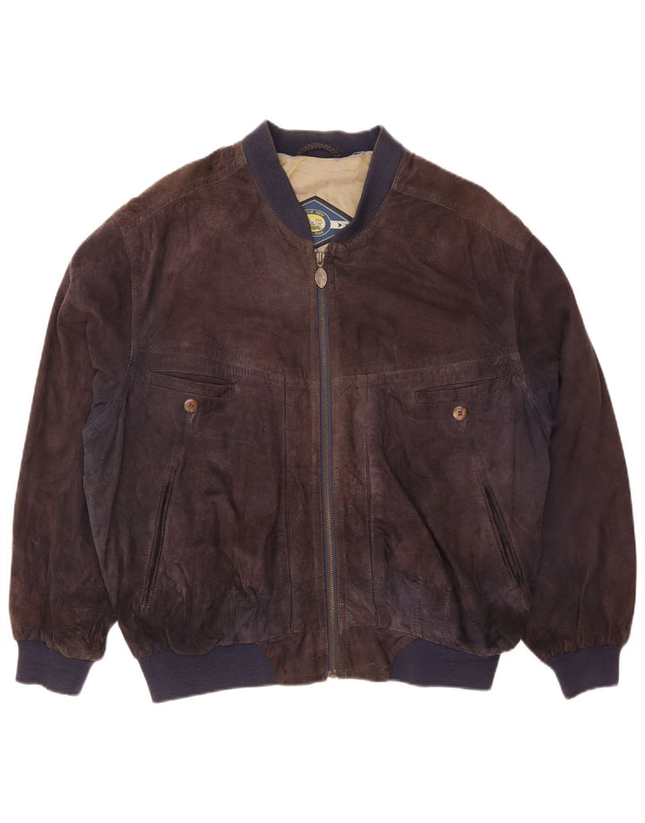 P&P People Mens Suede Bomber Jacket UK 40 Large Navy Blue Leather