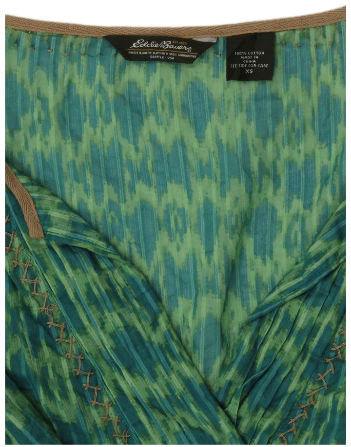 Eddie Bauer Womens 3/4 Sleeve Loose Fit Tunic Top UK 6 XS Green Ikat Cotton