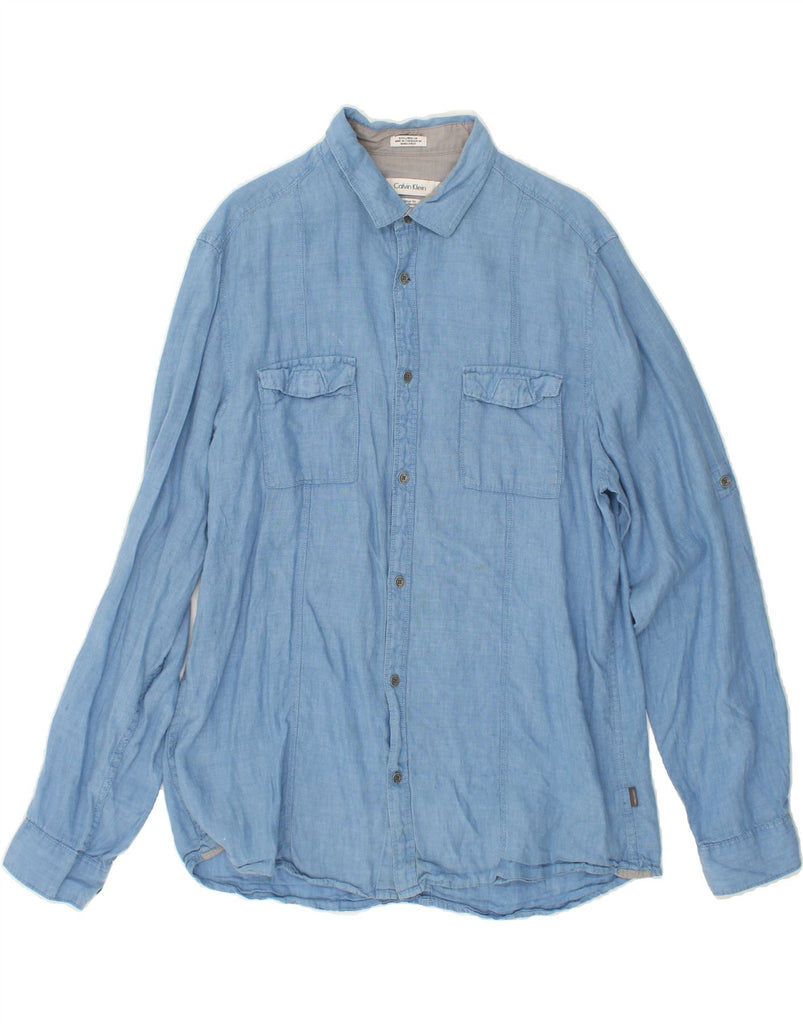 CALVIN KLEIN Mens Classic Fit Shirt Large Blue Linen Vintage Calvin Klein and Second-Hand Calvin Klein from Messina Hembry 