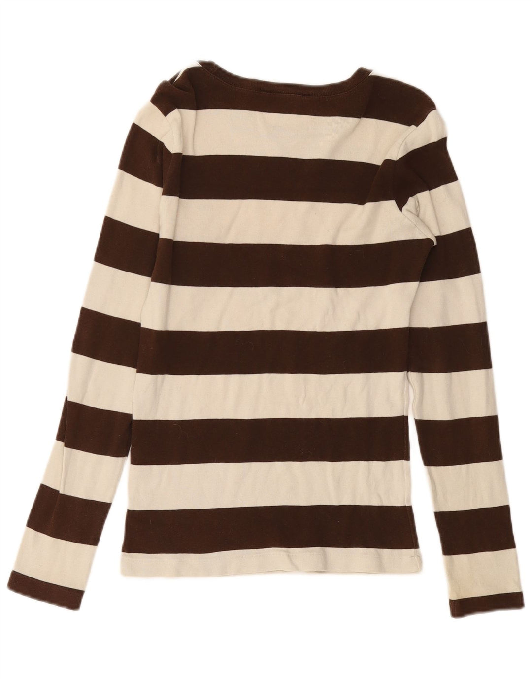 RALPH LAUREN Womens Top Long Sleeve UK 14 Medium Brown Striped Cotton