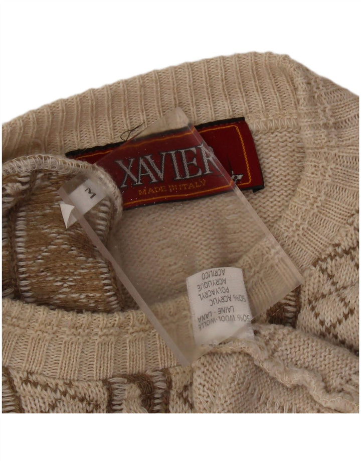 VINTAGE Mens Graphic Crew Neck Jumper Sweater Medium Beige Striped Wool