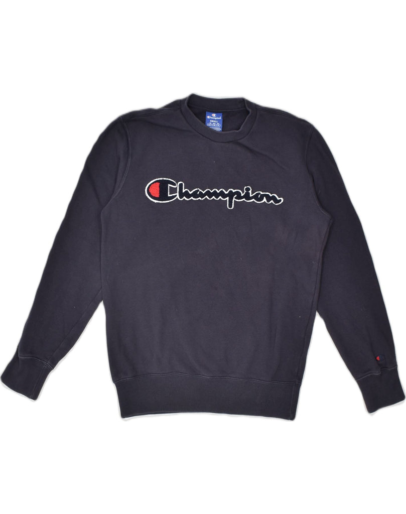 CHAMPION Mens Graphic Sweatshirt Jumper Small Navy Blue Cotton Sports | Vintage | Thrift | Second-Hand | Used Clothing | Messina Hembry 