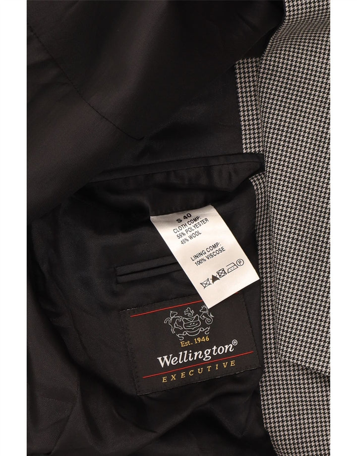 WELLINGTON Mens Slim 2 Button Blazer Jacket UK 36 Small Grey Houndstooth Vintage Wellington and Second-Hand Wellington from Messina Hembry 