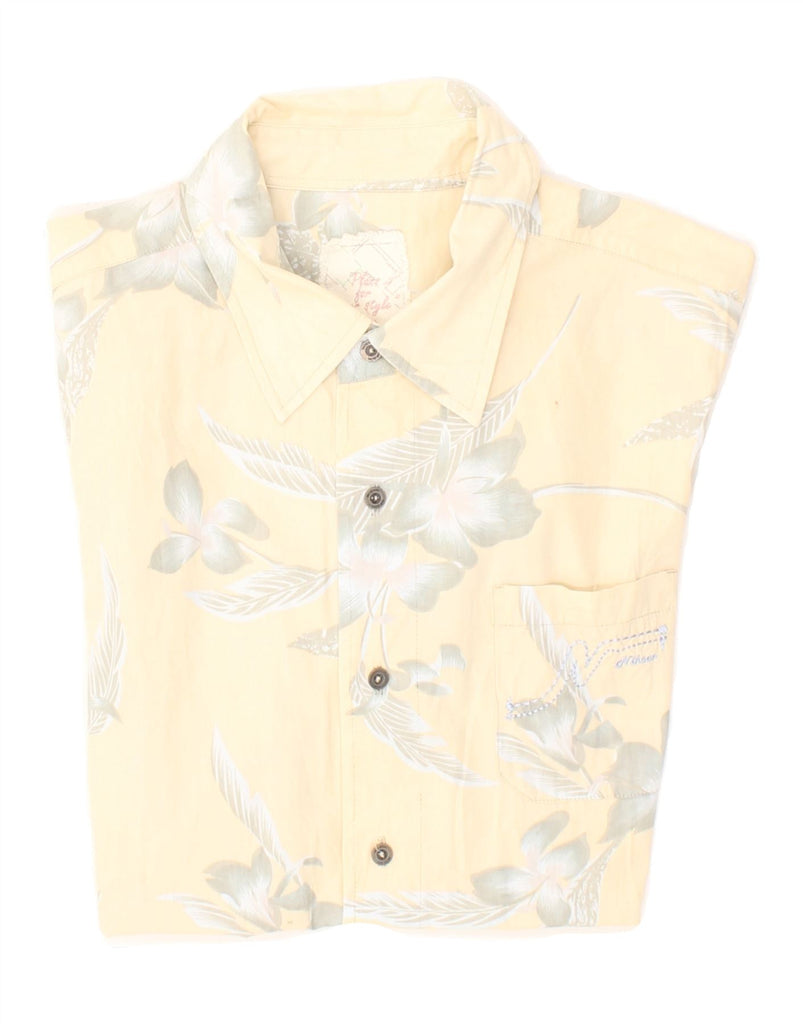 VINTAGE Mens Short Sleeve Shirt Medium Beige Floral Cotton Vintage Vintage and Second-Hand Vintage from Messina Hembry 