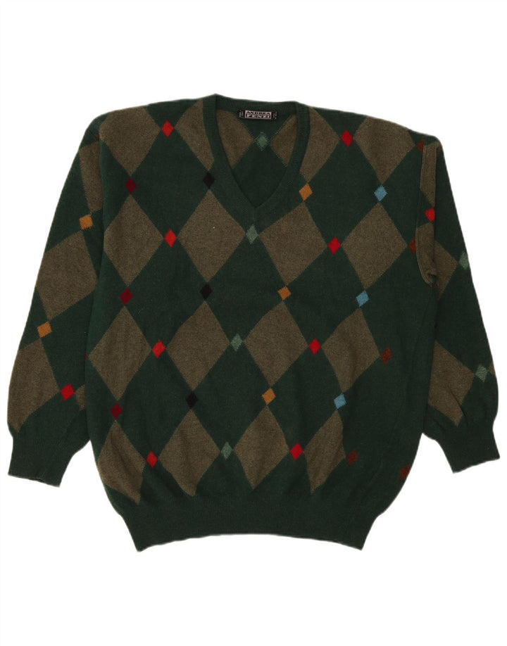 Andrea Fenzi Mens V-Neck Jumper Sweater IT 50 Medium Green Argyle/Diamond