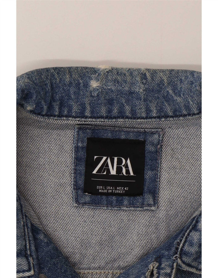Zara Mens Artist Graphic Distressed Denim Jacket UK 42 Large Blue Patchwork