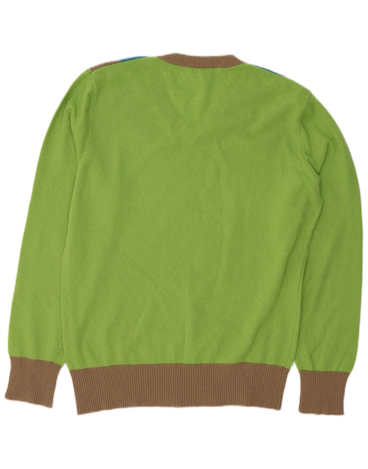 BENETTON Mens V-Neck Jumper Sweater Large Green Argyle/Diamond Wool