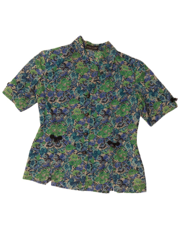 Vintage Womens Short Sleeve Shirt Blouse UK 14 Large Green Floral Acetate