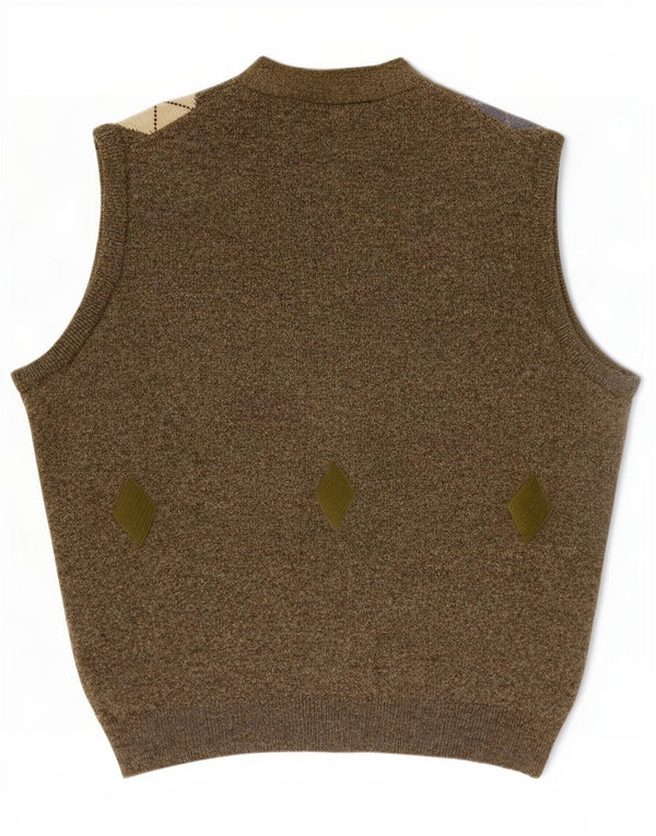 Kerry Mens Classics Sleeveless Cardigan Sweater XL Khaki Argyle/Diamond