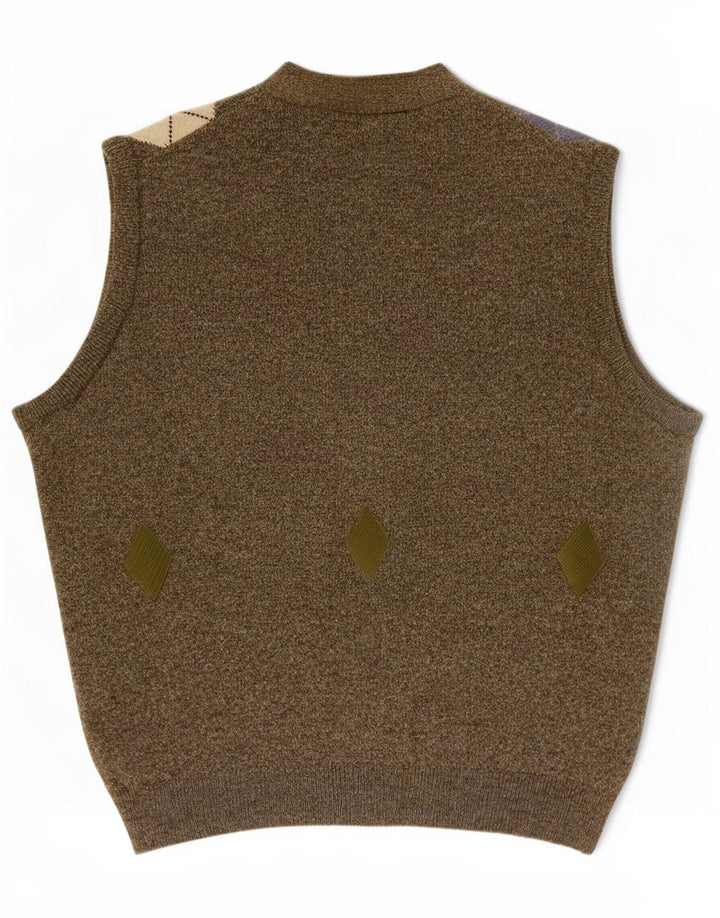 Kerry Mens Classics Sleeveless Cardigan Sweater XL Khaki Argyle/Diamond
