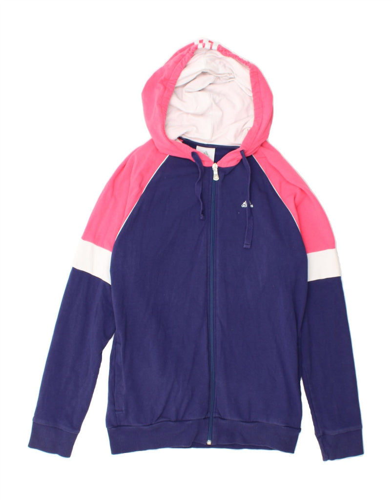 ADIDAS Womens Zip Hoodie Sweater UK 12 Medium Navy Blue Colourblock Cotton Vintage Adidas and Second-Hand Adidas from Messina Hembry 