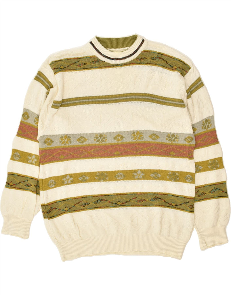 VINTAGE Mens Crew Neck Jumper Sweater Medium Beige Fair Isle Polyacrylic Vintage Vintage and Second-Hand Vintage from Messina Hembry 