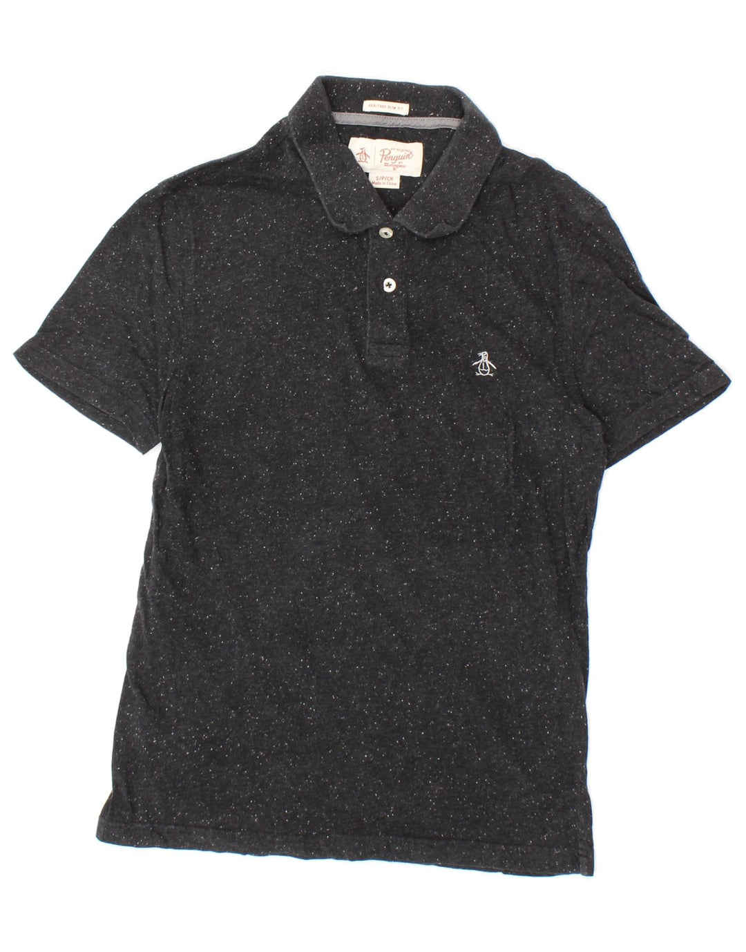 PENGUIN Mens Heritage Slim Fit Polo Shirt Small Black Flecked Vintage Penguin and Second-Hand Penguin from Messina Hembry 