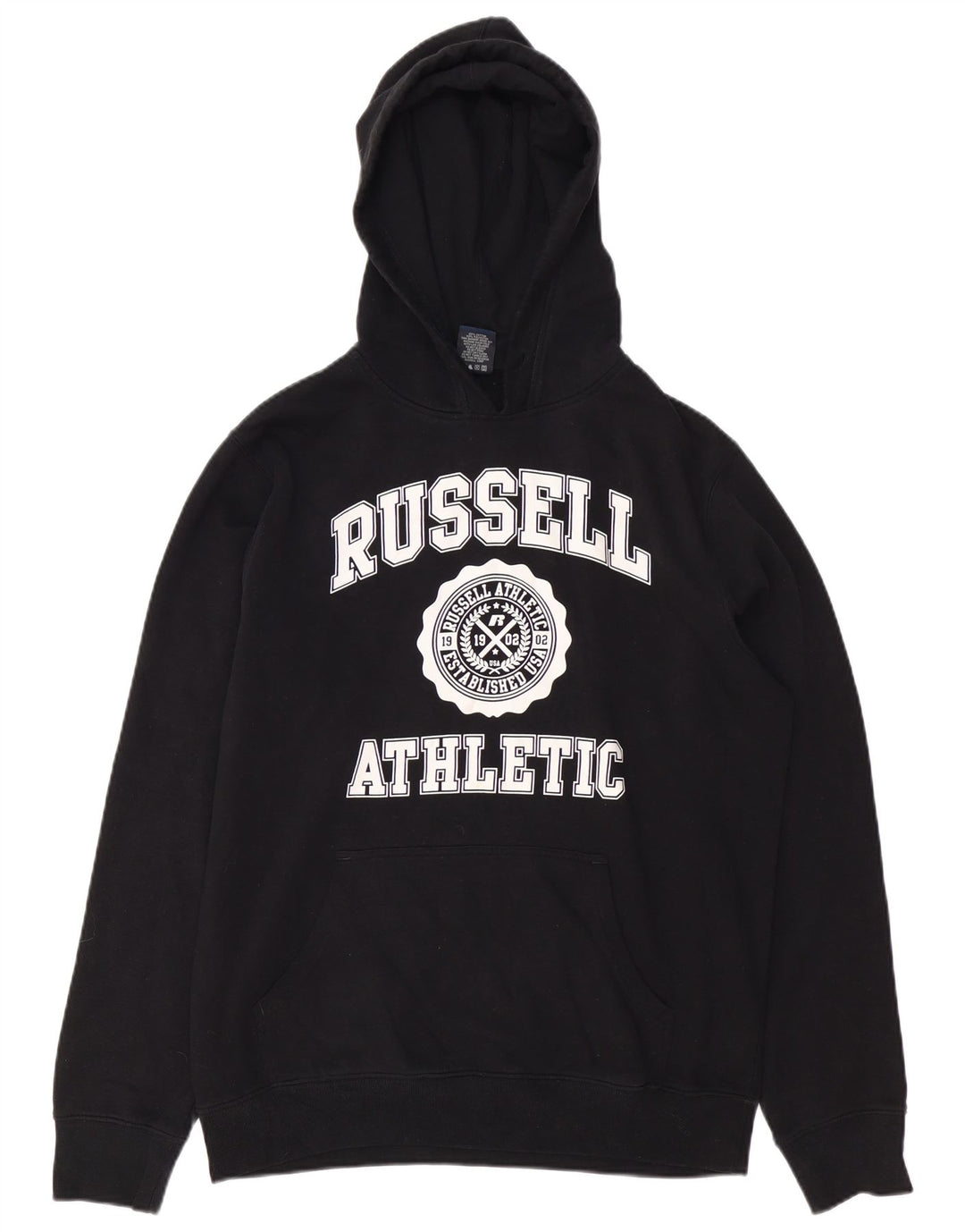 RUSSELL ATHLETIC Mens Graphic Hoodie Jumper Large Black Cotton