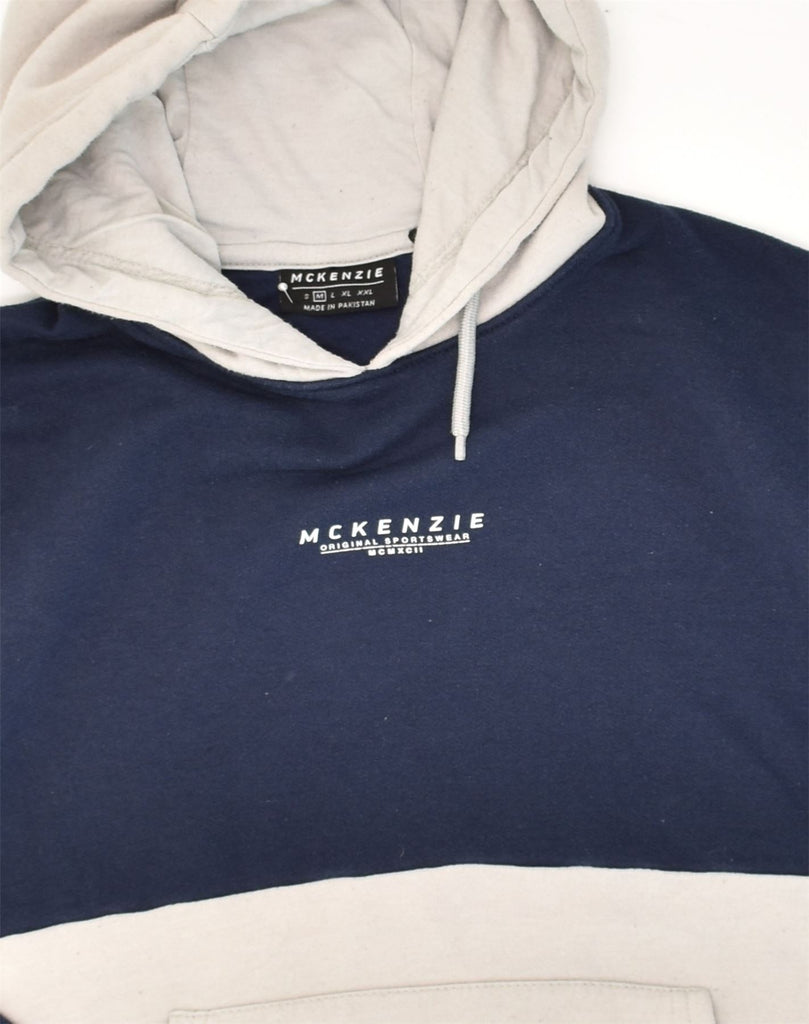 MCKENZIE Mens Hoodie Jumper Medium Navy Blue Colourblock Cotton Vintage Second Hand Clothing Online Messina Hembry