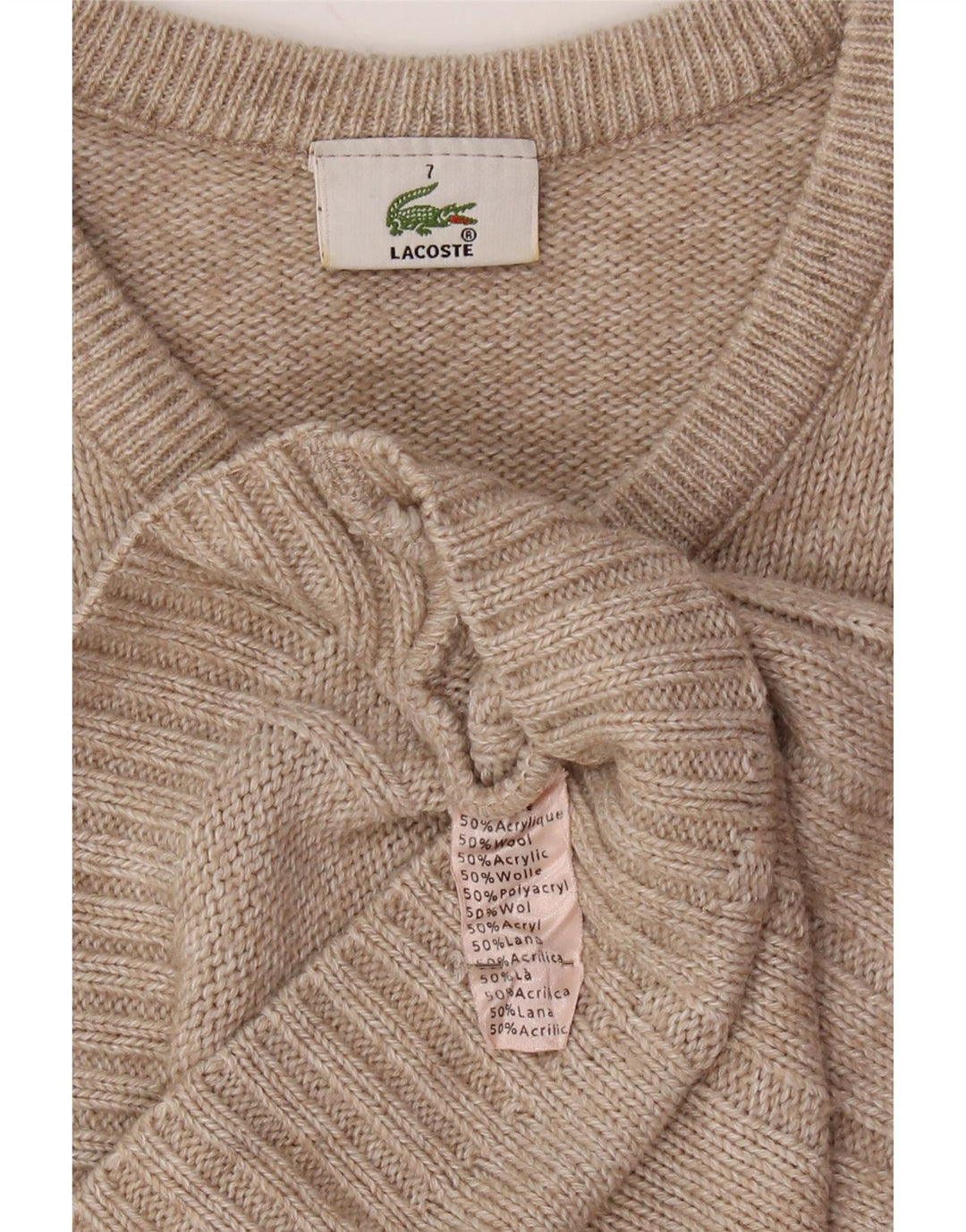 LACOSTE Mens V-Neck Jumper Sweater Size 7 2XL Beige Wool