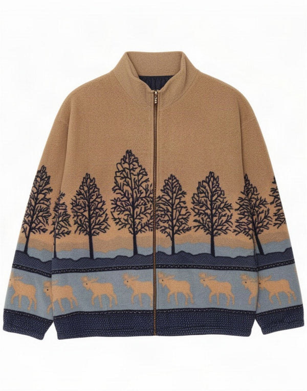 Vintage Mens Graphic Fleece Jacket UK 42 XL Beige Colourblock Polyester