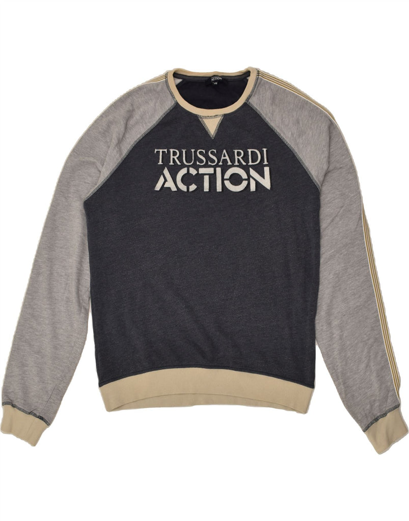 TRUSSARDI Mens Graphic Sweatshirt Jumper 2XL Grey Colourblock Cotton | Vintage Trussardi | Thrift | Second-Hand Trussardi | Used Clothing | Messina Hembry 