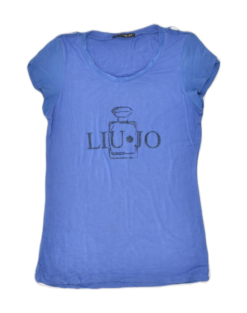 LIU JO Womens Graphic T-Shirt Top UK 8 Small Blue Cotton | Vintage Liu Jo | Thrift | Second-Hand Liu Jo | Used Clothing | Messina Hembry 