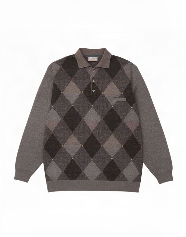Rodes Mens Polo Neck Jumper Sweater 3XL Grey Argyle/Diamond Wool