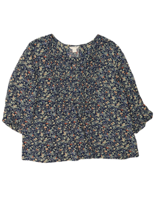 Monsoon Womens 3/4 Sleeve Blouse Top UK 16 Large Navy Blue Floral Viscose