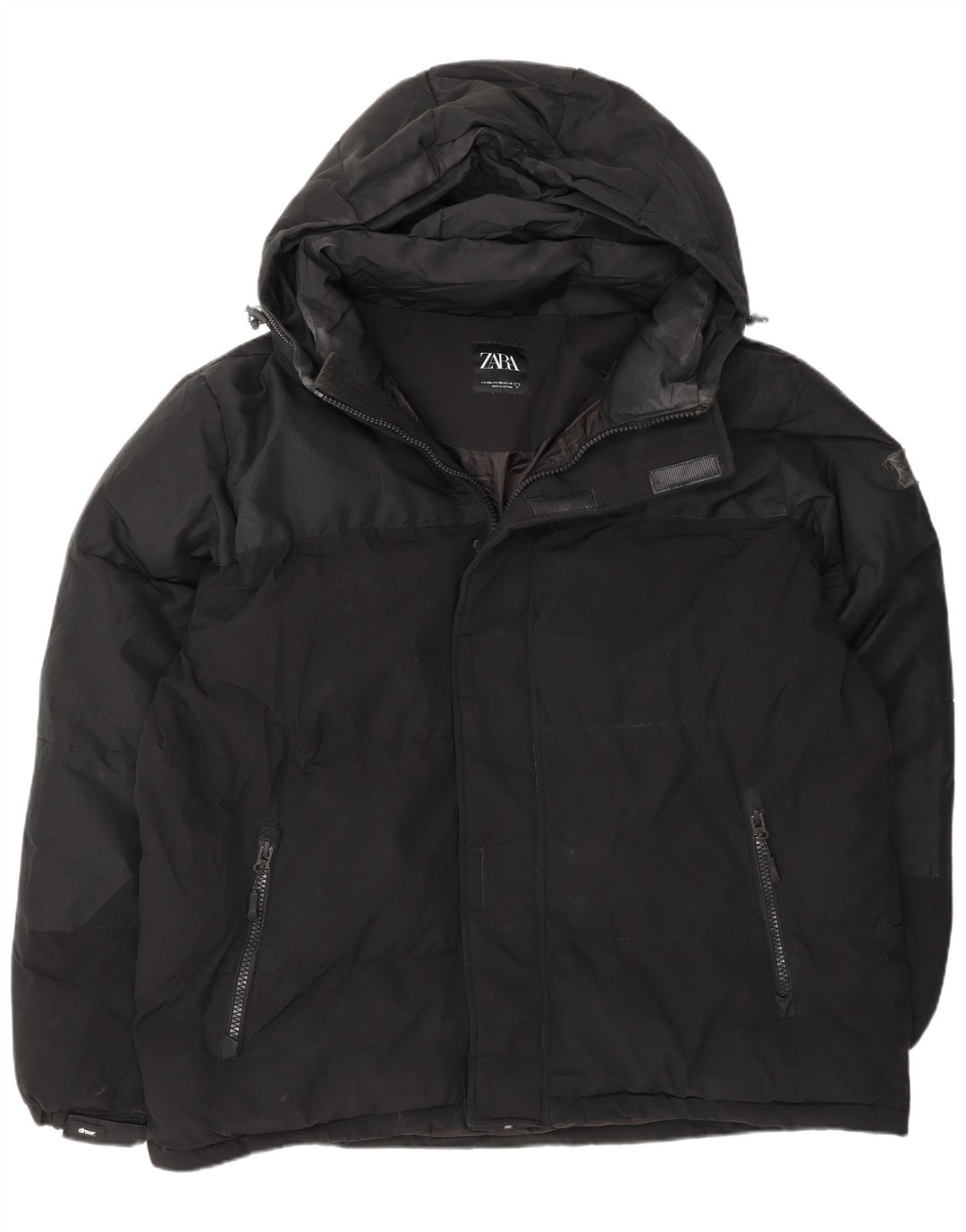 Zara Mens Hooded Padded Jacket UK 44 2XL Black Polyester