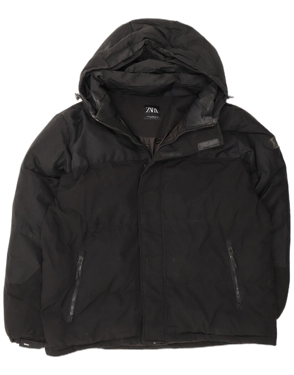 Zara Mens Hooded Padded Jacket UK 44 2XL Black Polyester