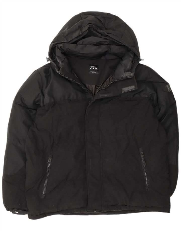Zara Mens Hooded Padded Jacket UK 44 2XL Black Polyester