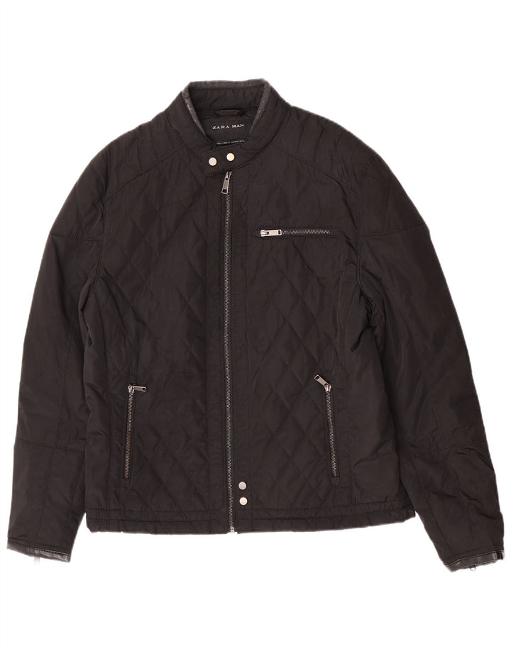 Zara Mens Quilted Jacket UK 40 Large Black Polyester
