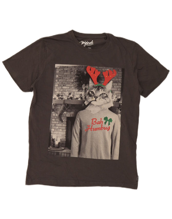 Jack & Jones Mens Hamburg Graphic T-Shirt Top Medium Grey Cotton Christmas