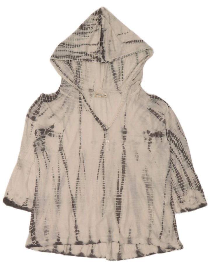 Vintage Womens Hooded Top 3/4 Sleeve UK 14 Medium White Tie Dye Polyester