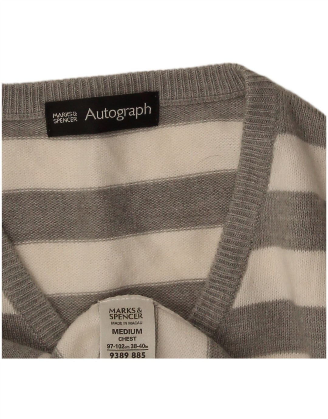 Marks & Spencer Mens Autograph V-Neck Jumper Sweater Medium Grey Striped