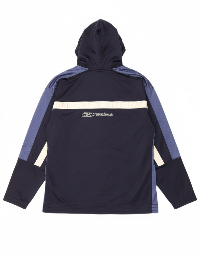 REEBOK Mens Graphic Zip Hoodie Sweater Small Navy Blue Colourblock Vintage Reebok and Second-Hand Reebok from Messina Hembry 