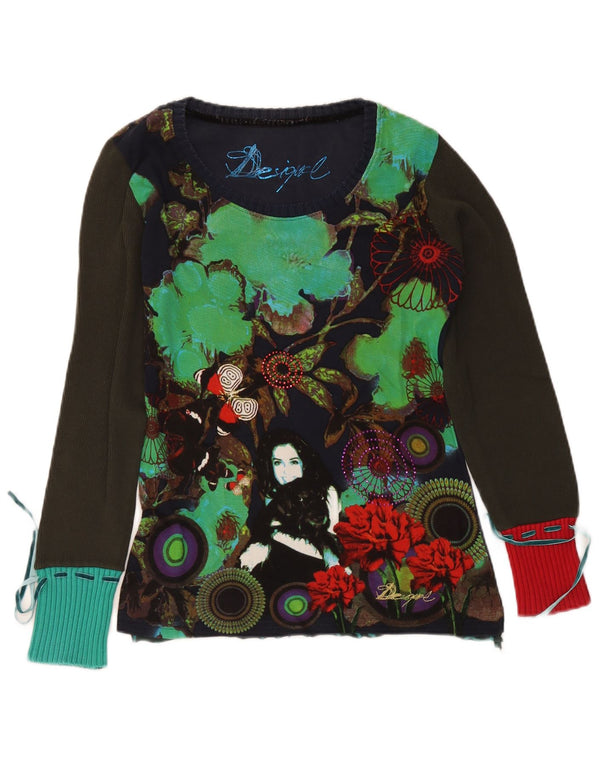 Desigual Womens Graphic Top Long Sleeve UK 14 Large Navy Blue Floral