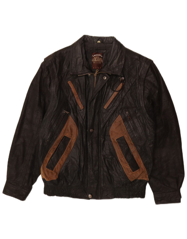 VINTAGE Mens Leather Jacket UK 40 Large Black Colourblock Leather