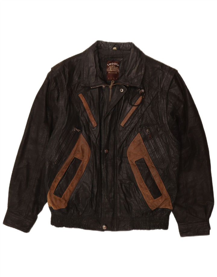 VINTAGE Mens Leather Jacket UK 40 Large Black Colourblock Leather