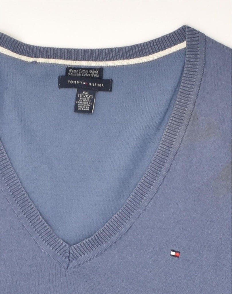 TOMMY HILFIGER Mens Slim Fit V-Neck Jumper Sweater 2XL Blue Cotton | Vintage Tommy Hilfiger | Thrift | Second-Hand Tommy Hilfiger | Used Clothing | Messina Hembry 