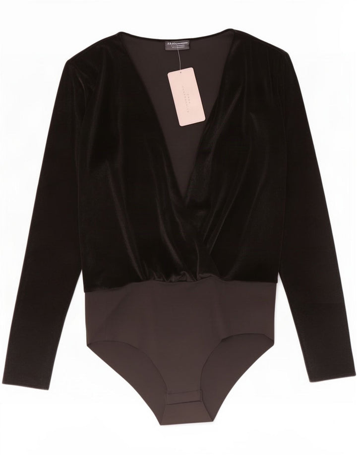 Zara Womens Long Sleeve Velour Bodysuit UK 12 Medium Black Colourblock