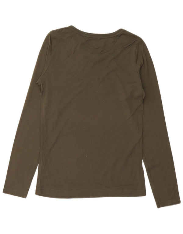 Nike Womens Graphic Top Long Sleeve UK 10/12 Medium Khaki Cotton