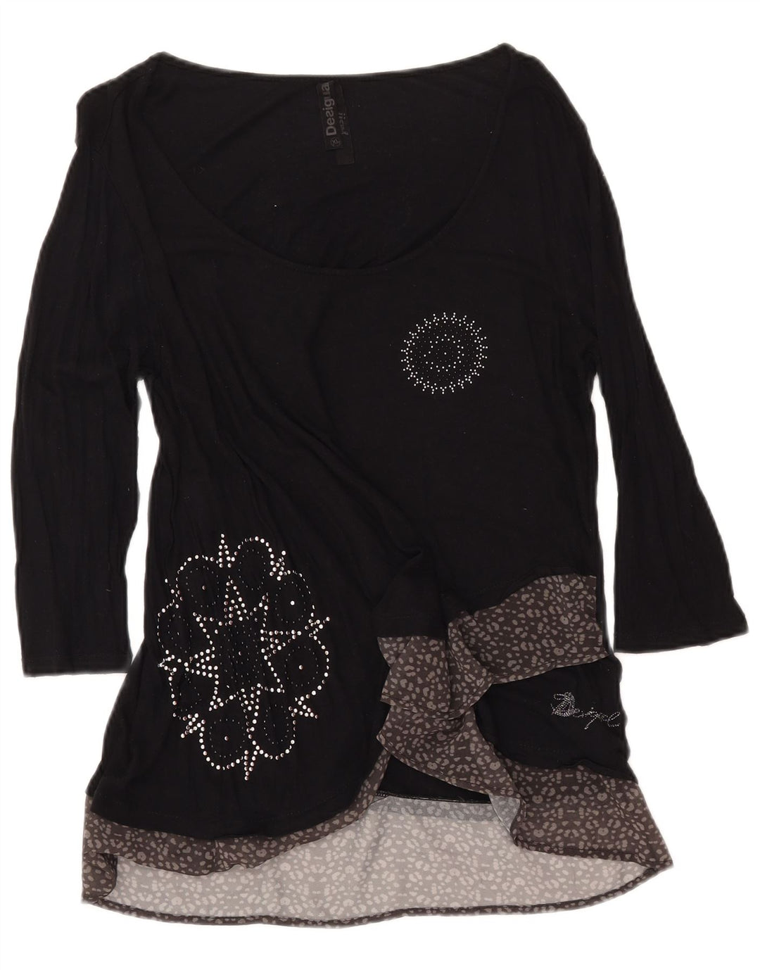 DESIGUAL Womens Graphic Top 3/4 Sleeve UK 18 XL Black Animal Print Viscose