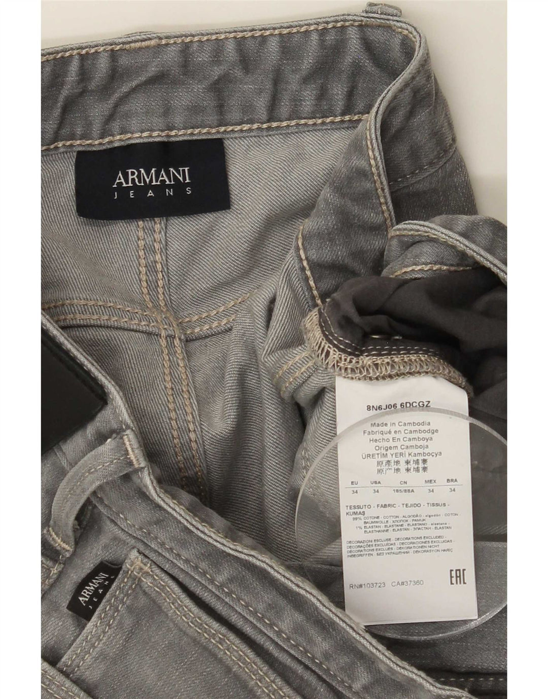 Armani Mens Slim Jeans W34 L30 Grey Cotton