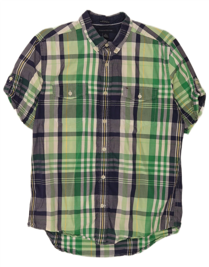 Tommy Hilfiger Mens Short Sleeve Custom Fit Shirt Medium Green Check Cotton