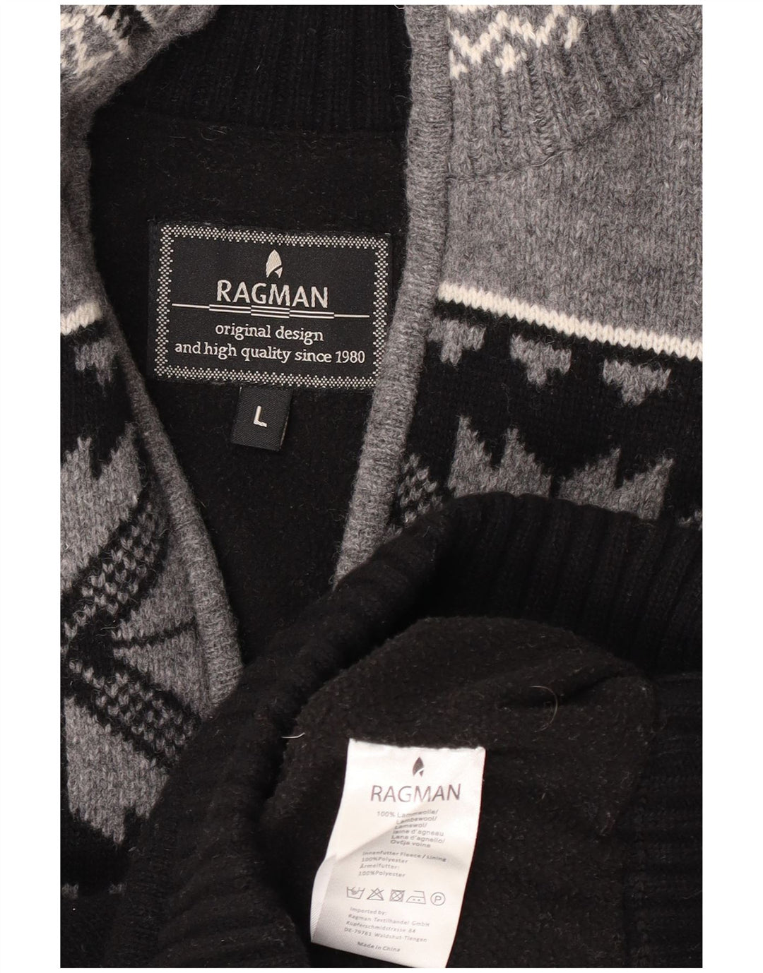 Ragman Mens Zip Neck Jumper Sweater Large Black Fair Isle Lambswool