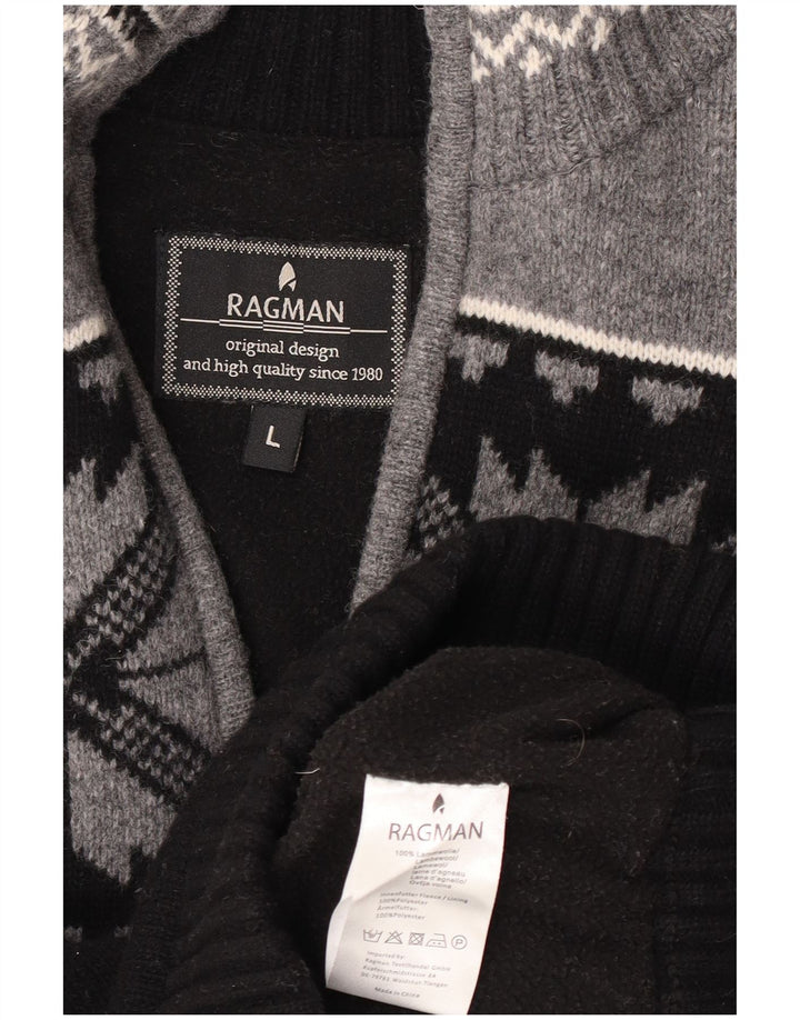 Ragman Mens Zip Neck Jumper Sweater Large Black Fair Isle Lambswool