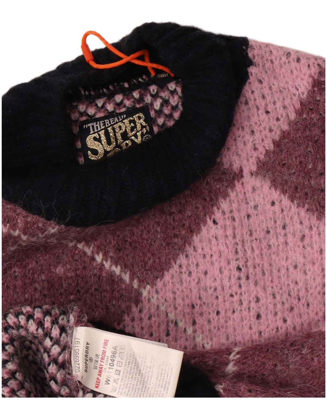 Superdry Womens Turtle Neck Jumper Sweater UK 10 Small Pink Argyle/Diamond
