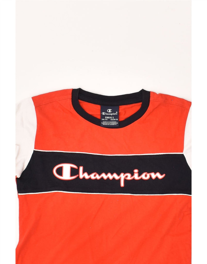 CHAMPION Boys Graphic T-Shirt Top 7-8 Years Small Orange Colourblock | Vintage Champion | Thrift | Second-Hand Champion | Used Clothing | Messina Hembry 